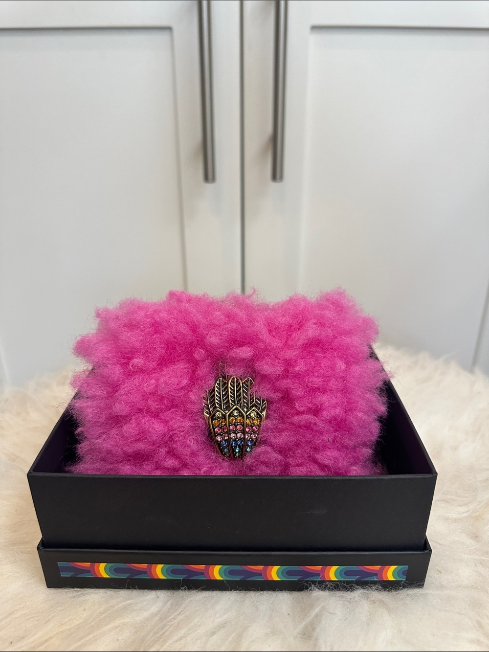 Kurt Geiger Hot Pink Faux Fur Clutch with Multicolor Jewel Brooch